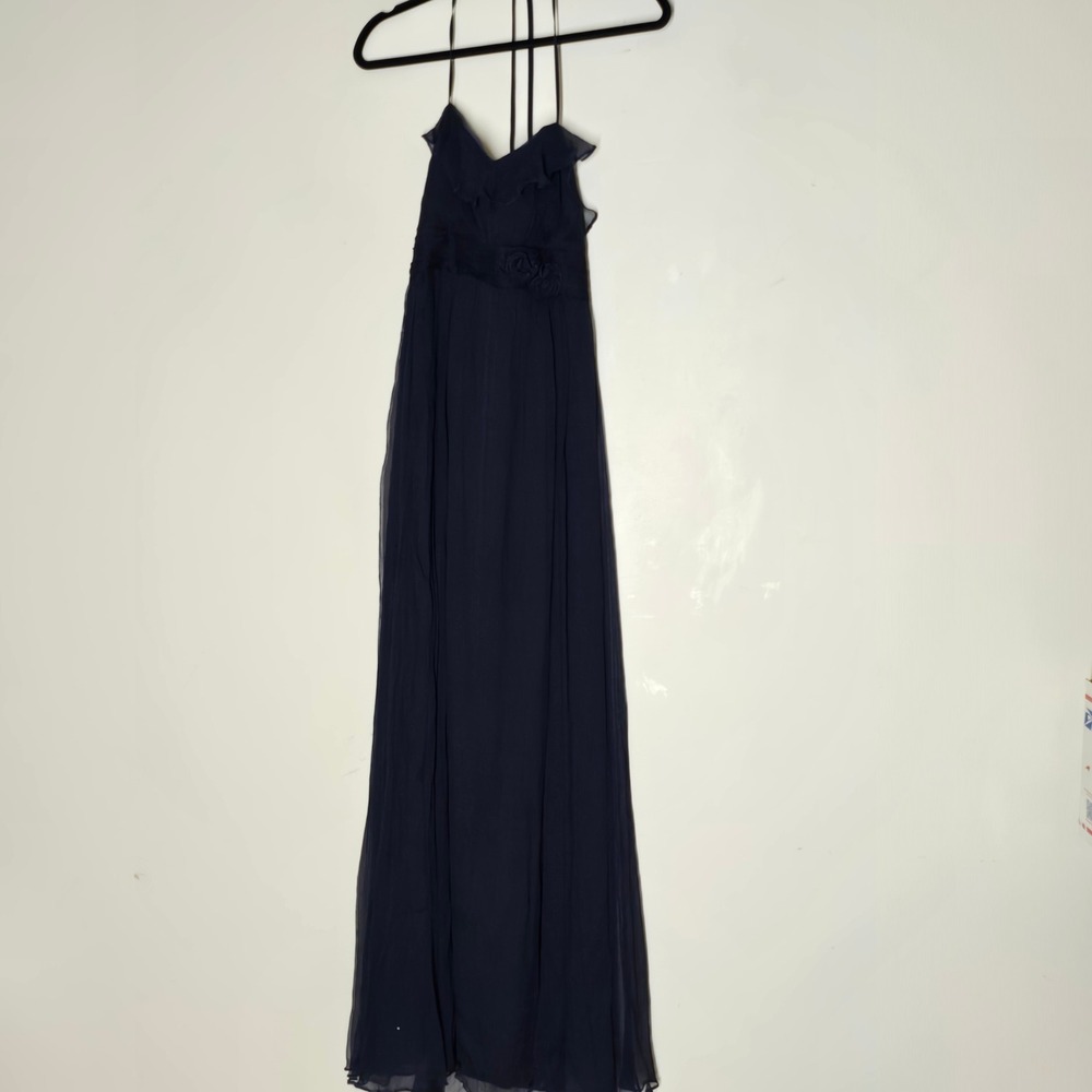 Amsale 6 Navy 100% Silk Chiffon Gown Rosette Ruffle Formal Maxi Dress